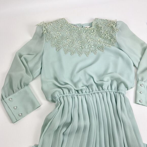 VTG 80s Dress Accordion Crochet Lace Mint Green Long Sleeve Sz 8 IN THE MOOD - Picture 2 of 16